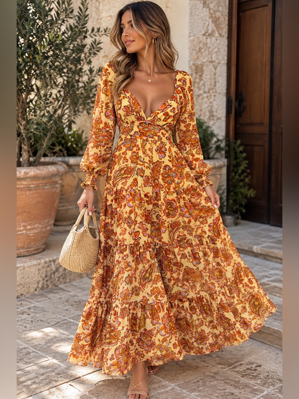 Japna Yellow Maxi Dress with Orange & Purple Paisley Print